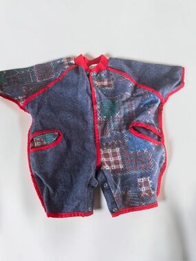 Vintage Baby Romper Plaid Patchwork Red Trim Snap One Piece 12-18 Months